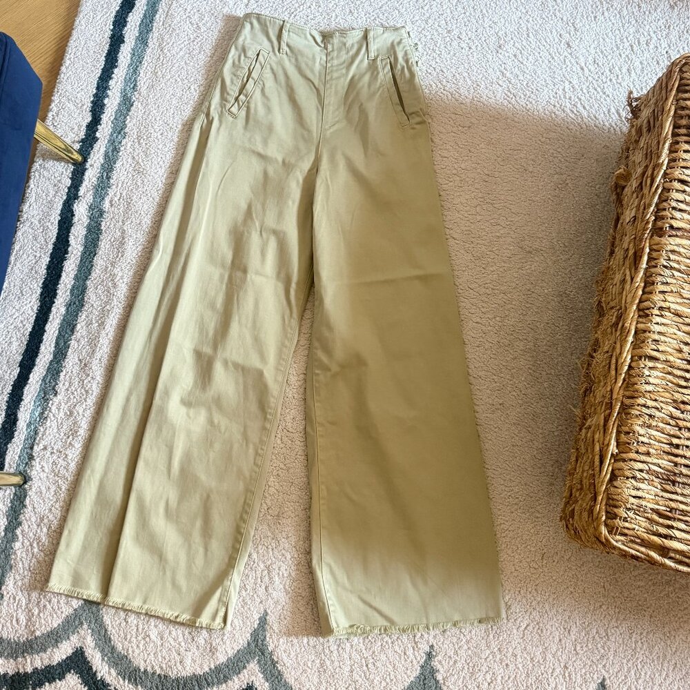 Muted Olive Green Zara Wide Leg Pants, Cropped Distressed Hemline, Button Detail